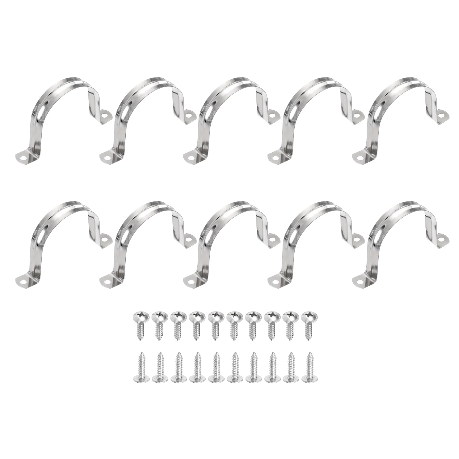 sourcing map 10Pcs 70mm(2-3/4") 304 Stainless Steel Rigid Pipe Strap, Two Hole Strap U Bracket Heavy Duty Pipe Conduit Clamp with Self-Tapping Screws for Hose Wire Cord Installation, Silver