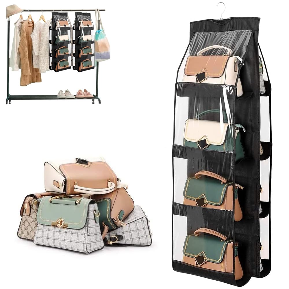 Amerteer Hanging Handbag Purse Organizer, Breathable Polyester Fiber + PVC Handbag Organizer, 8 Easy Access Pockets, Wardrobe Closet Space Saving Organizers, Washable (46" x 13.77")
