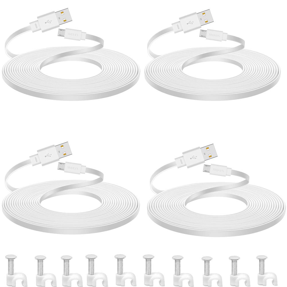 SMAYS 4-Pack 25ft Power Extension Cable Compatible for Wyze Cam Pan V2, Blink Mini, Furbo Dog and Yi Home Security Camera, Flat Cord with Wire Clips