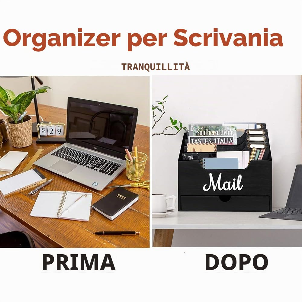 Organizzatore di Posta da Scrivania in Legno con 4 scomparti e cassetto, Organizzatore per Cartelle di Carta e Lettere, Organizer per Cartelle per Scrivania per Lettere Cancelleria, Nero