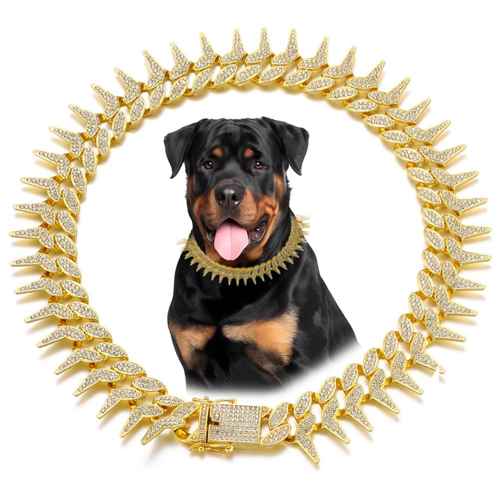 Gold Chain Dog Collar, Cool Spiked Style Dog Necklace Bling Diamond Cuban Link Dog Collars Glitter Rhinestone Puppy Collar for Small Medium Large Pet