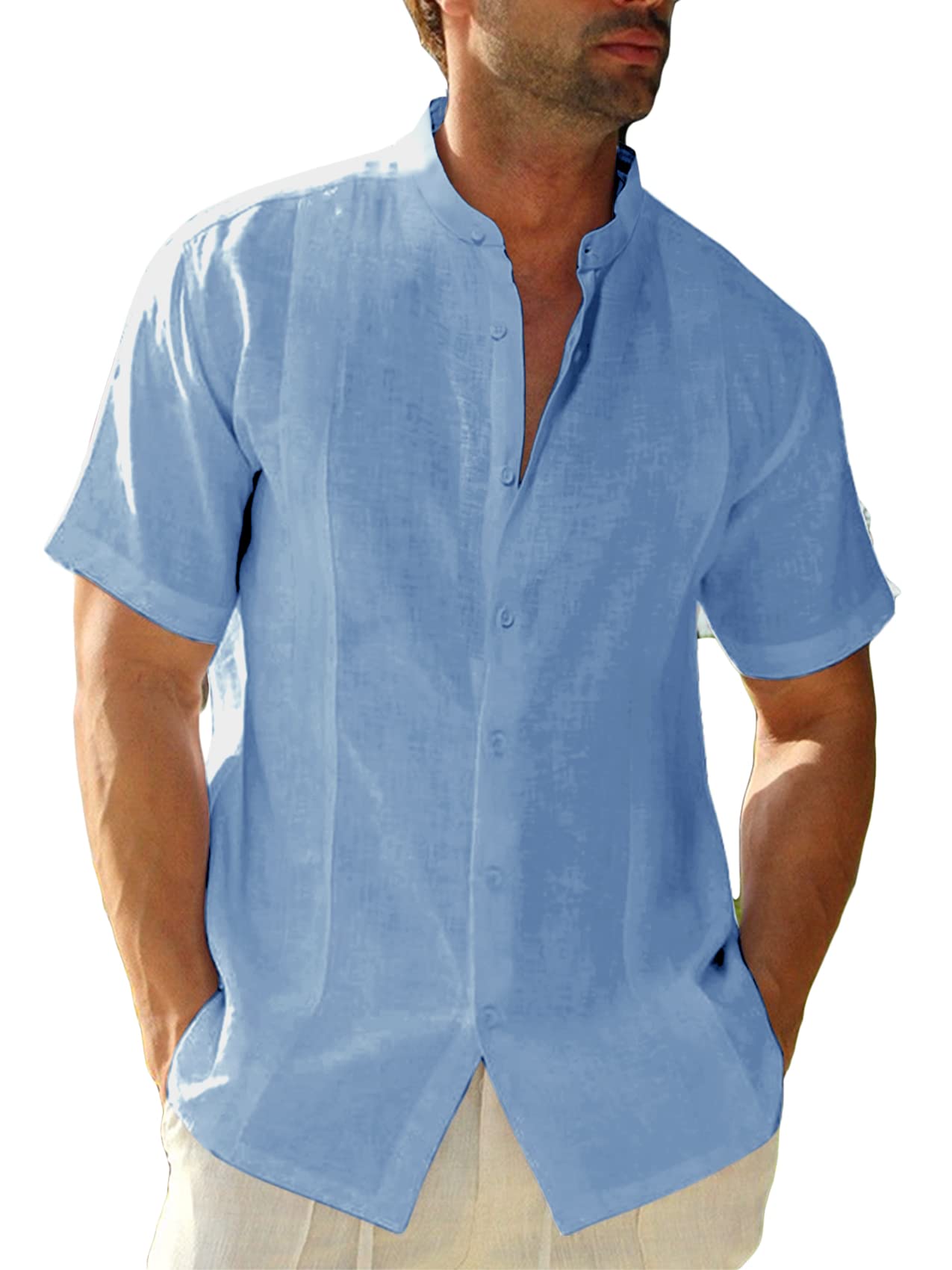 Hestenve Mens Short Sleeve Cuban Camp Guayabera Shirt Linen Cotton Hippie Beach Button Down Shirts