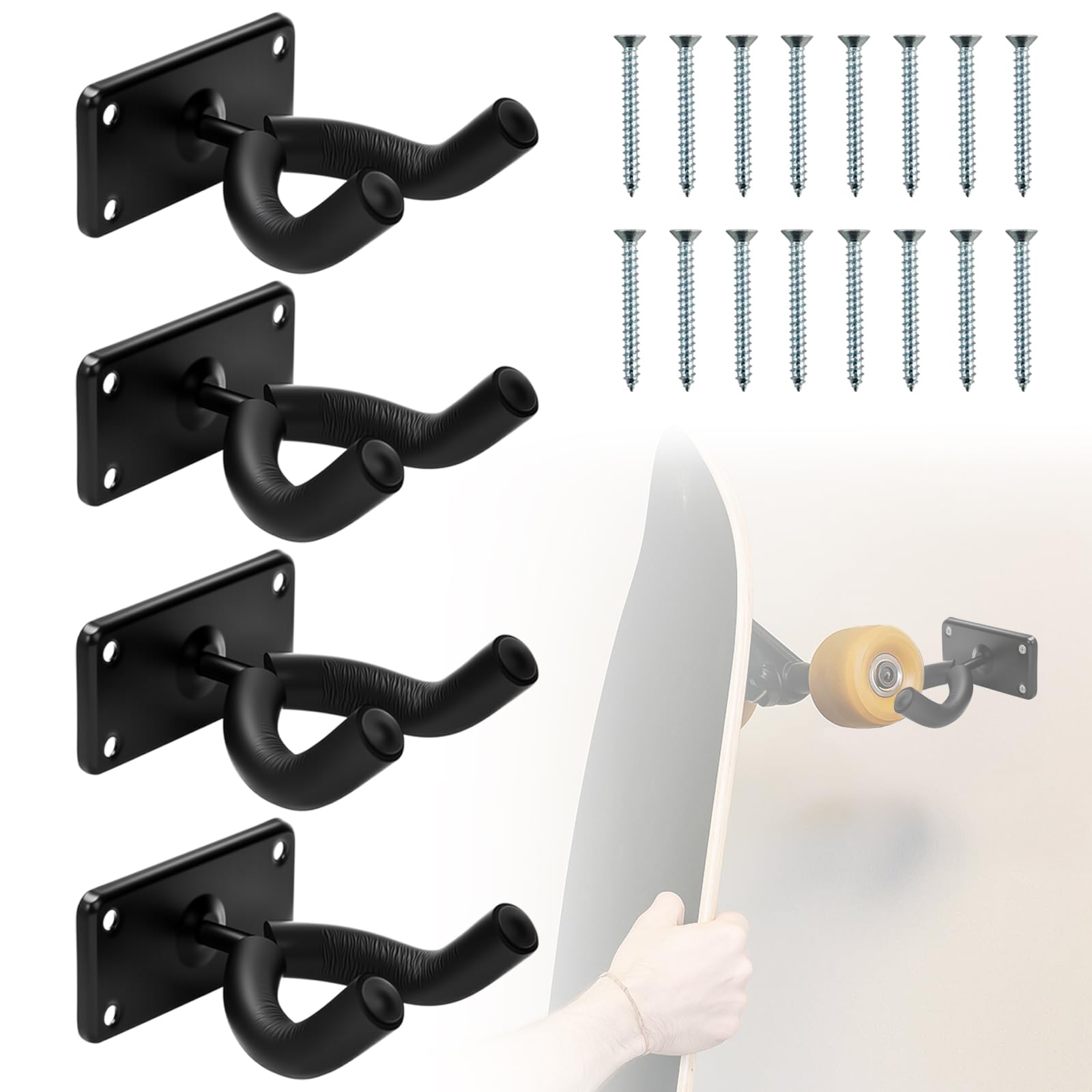 4 pacchetto Skateboard Hanger - Snowboard Wall Mount Rack, Storage Display Holder per Guitar Longboard Surfboard, completo con viti, capacità di carico massima 30 lbs