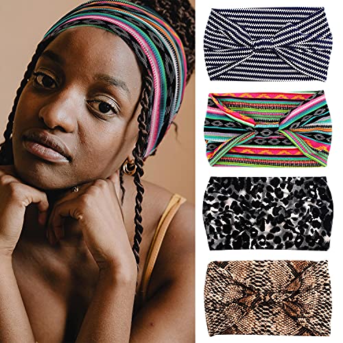 4Pcs Boho Bandeau Headbands COCIDE Leopard Hair Bands for Women Large Head Wraps Extra Wide Headbands for Thick Hair Ela