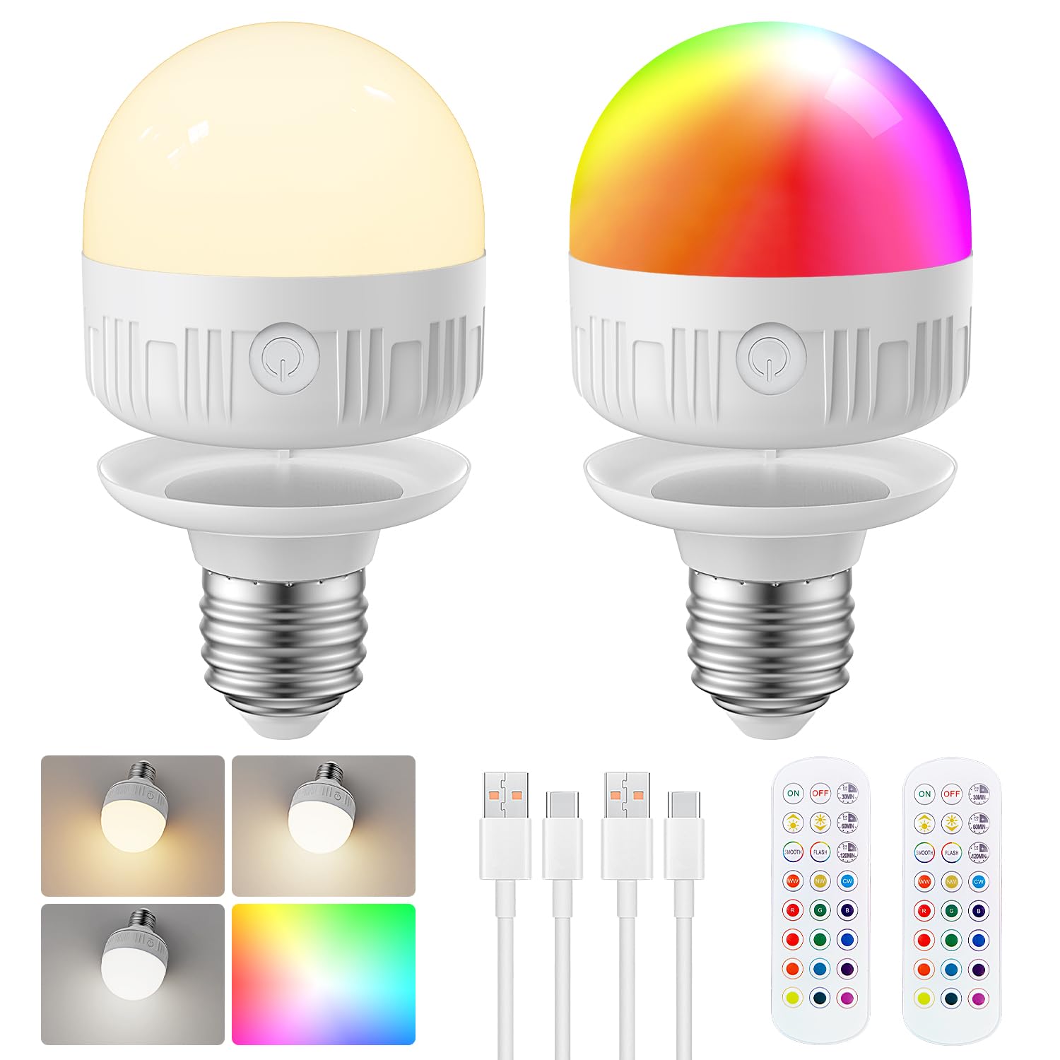 LGMCF E27 Rechargeable Light Bulb with Remote Timer and 15 Color Temperatures, 8W Dimmable Battery Backup Bulb for Sconces and Lamps, Detachable Charging RGB LED Bulb for Non Hardwired Lamps, 2 Pack
