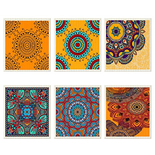 6 Pcs Swedish Kitchen Dishcloths Kitchen Towels, Absorbent Dish Towels, Reusable Sponge Cleaning Dish Cloths Quick Drying Washable Decorative Tea Towels No Odor Bar Hand Towel (Mandala)