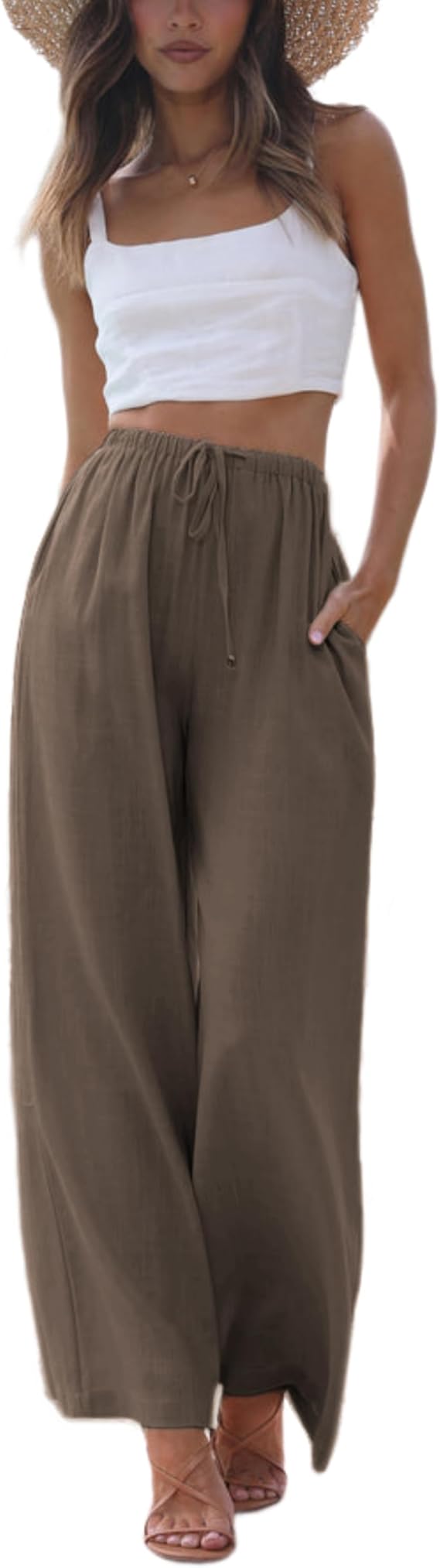 Faleave Women's Cotton Linen Summer Palazzo Pants Flowy Wide Leg Beach Trousers with Pockets
