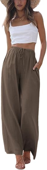 Faleave Women's Cotton Linen Summer Palazzo Pants Flowy Wide Leg Beach Trousers with Pockets