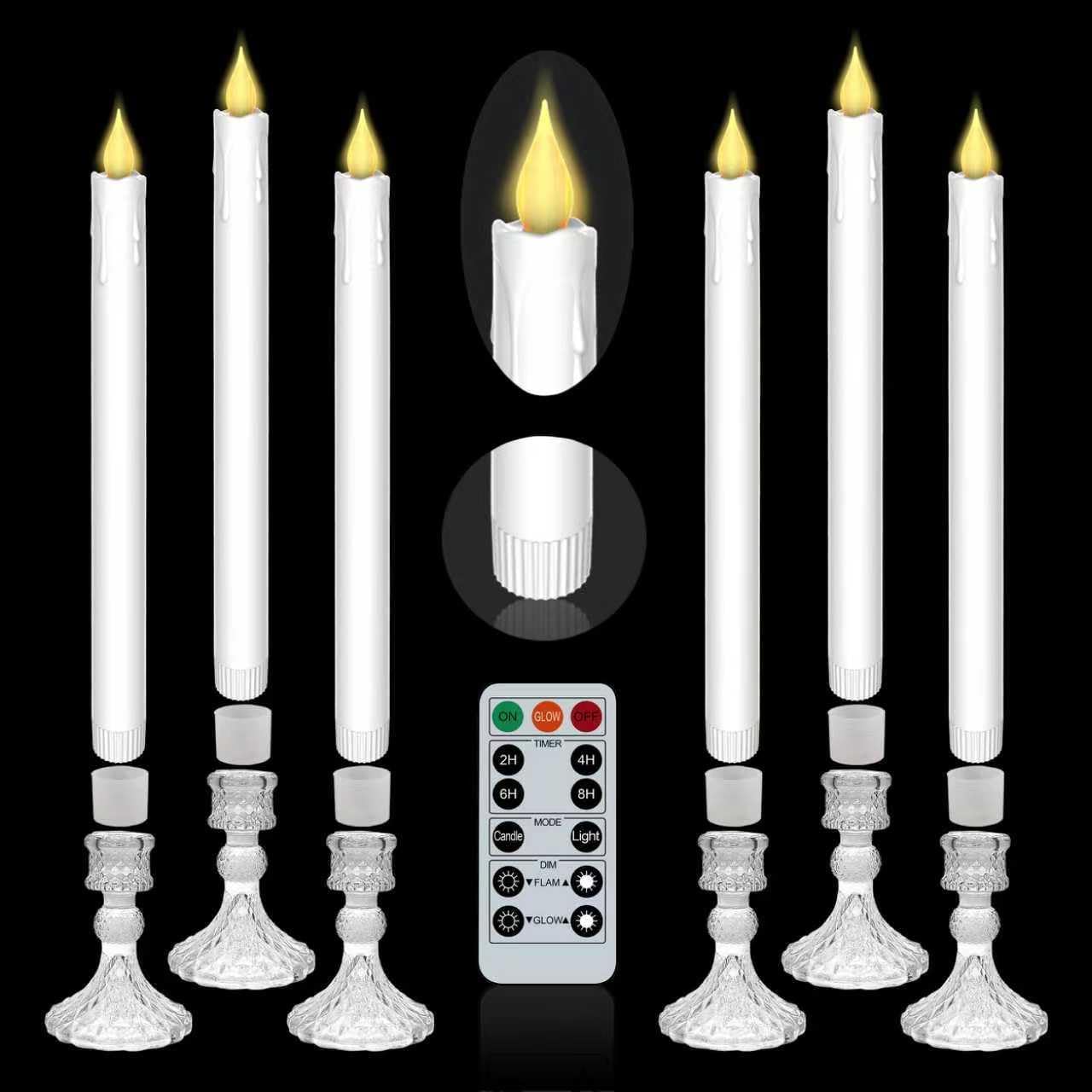 Flameless LED Taper Candles Wish Illuminated Holder-Glass Candle Holder, Remote Timer 2AA Battery Operated 500+ Hours for Thanksgiving/Xmas Decor, Wedding Centerpiece (White, 6 Pack)