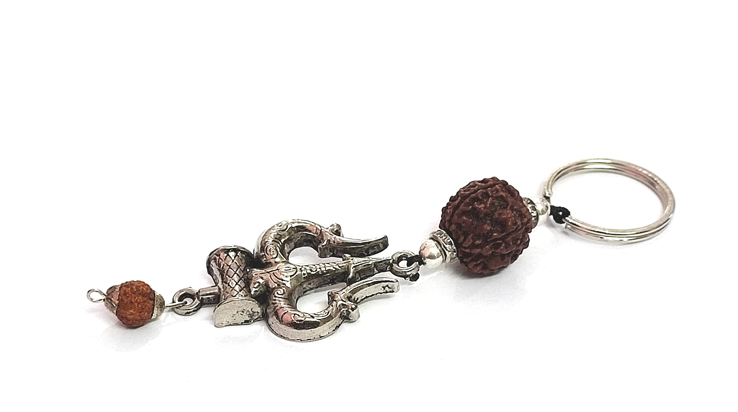 Beautiful Auspicious Shiv Shakti Trishul Damroo Lucky Charm And Panch Mukhi Rudraksh Amulet Hand Karved Key Chain Key Ring for Your Car Home And Bike