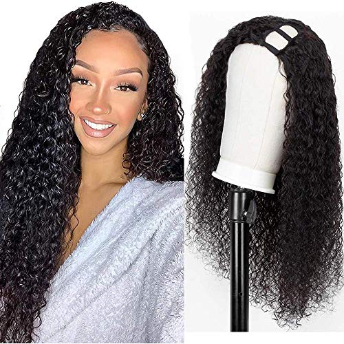 U Part Wigs Human Hair Deep Wave Curly Human Hair Wigs 2"x4" Middle Part Clip In Hair Extensions Glueless Half Wigs for Black Women 150% Density Natural Color