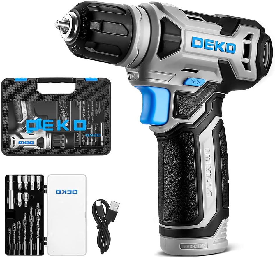 DEKO 8V Cordless Drill Set with case, Power Drill with 3/8" Keyless Chuck, 13pcs Acessories, Built-in LED, Type-C Charge Cable, Electric Drill Set for Men and Women