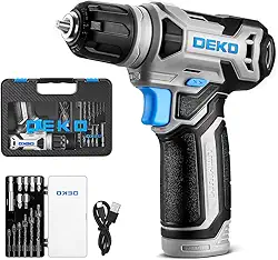 DEKO Conjunto de furadeiras sem fio de 8 V com capa, furadeira elétrica com mandril sem chave de 0,9 cm, 13 acessórios, LED embutido, cabo de carregamento tipo C, conjunto de furadeiras elétricas para
