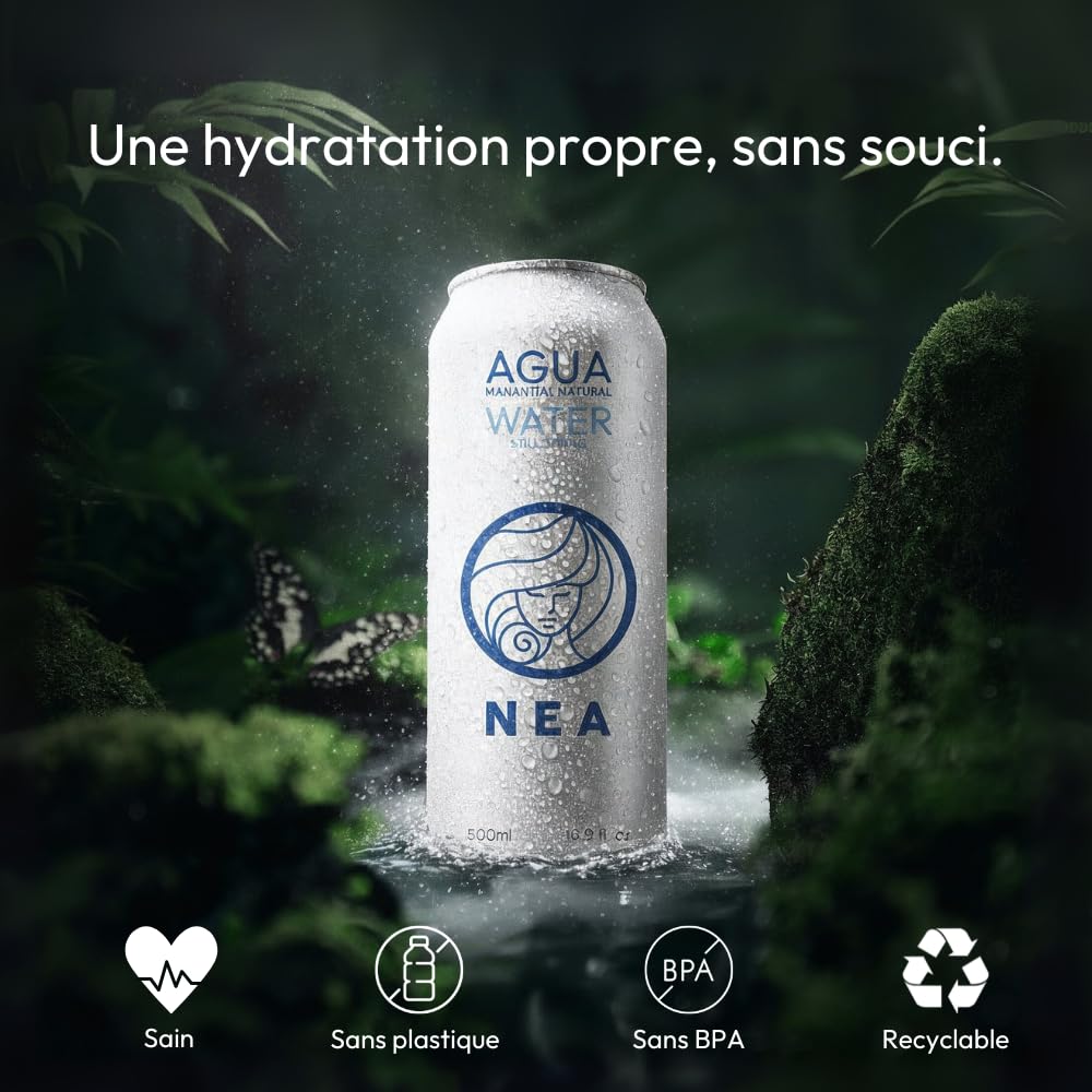 NEA Eau Plate Naturelle de Source Alpine en Canette Aluminium Recyclable - Eau Minérale Naturelle Pack 24 Canettes 33cl - Sans Plastique Sans BPA - Bureau Sport Voyage