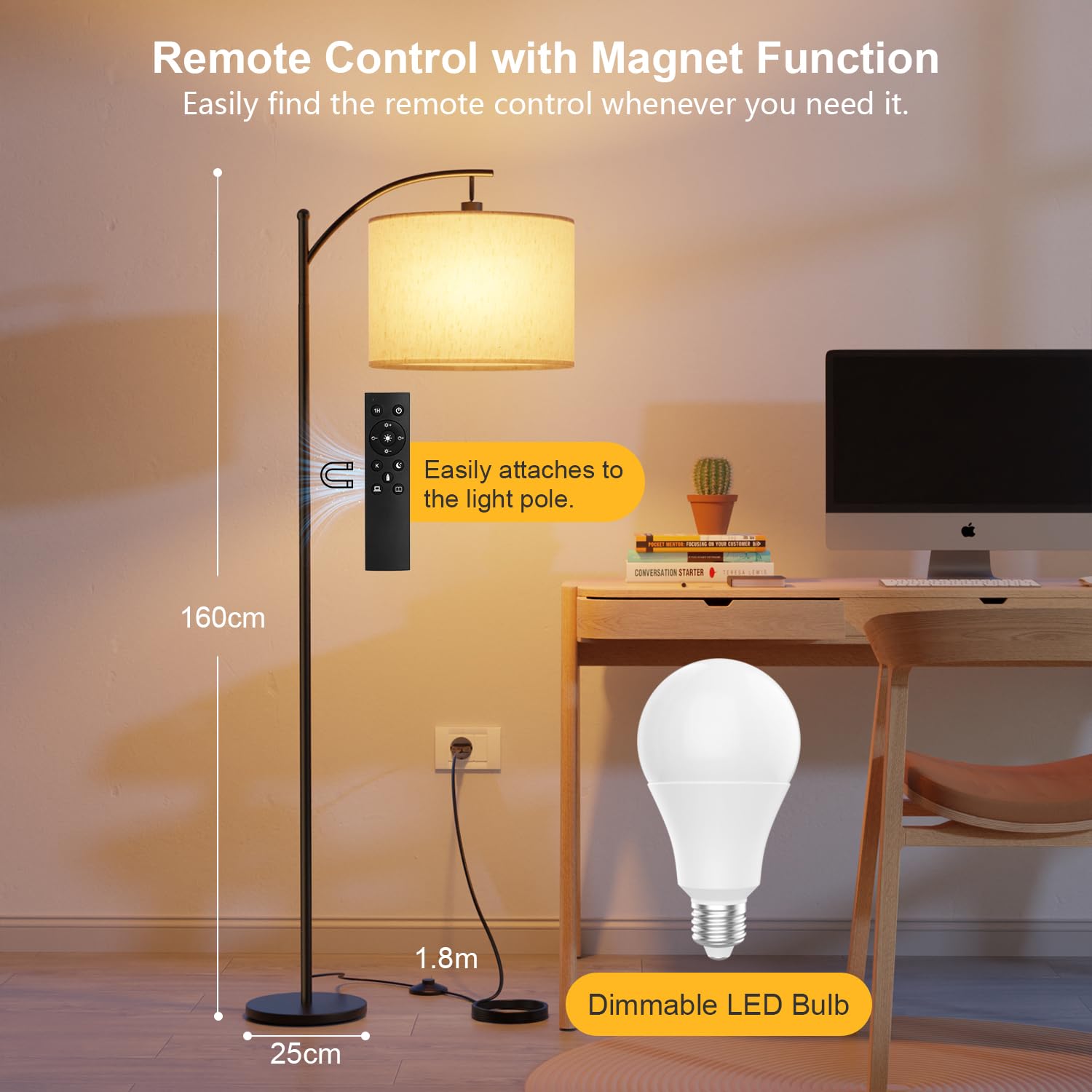 GLUROO Lampada da Terra con Telecomando,Piantana con 3 Cambiamenti di Colore,Luminosità Continua,Lampada da Pavimento con Lampadina Dimmerabile da per Soggiorno,Camera da Letto,Ufficio