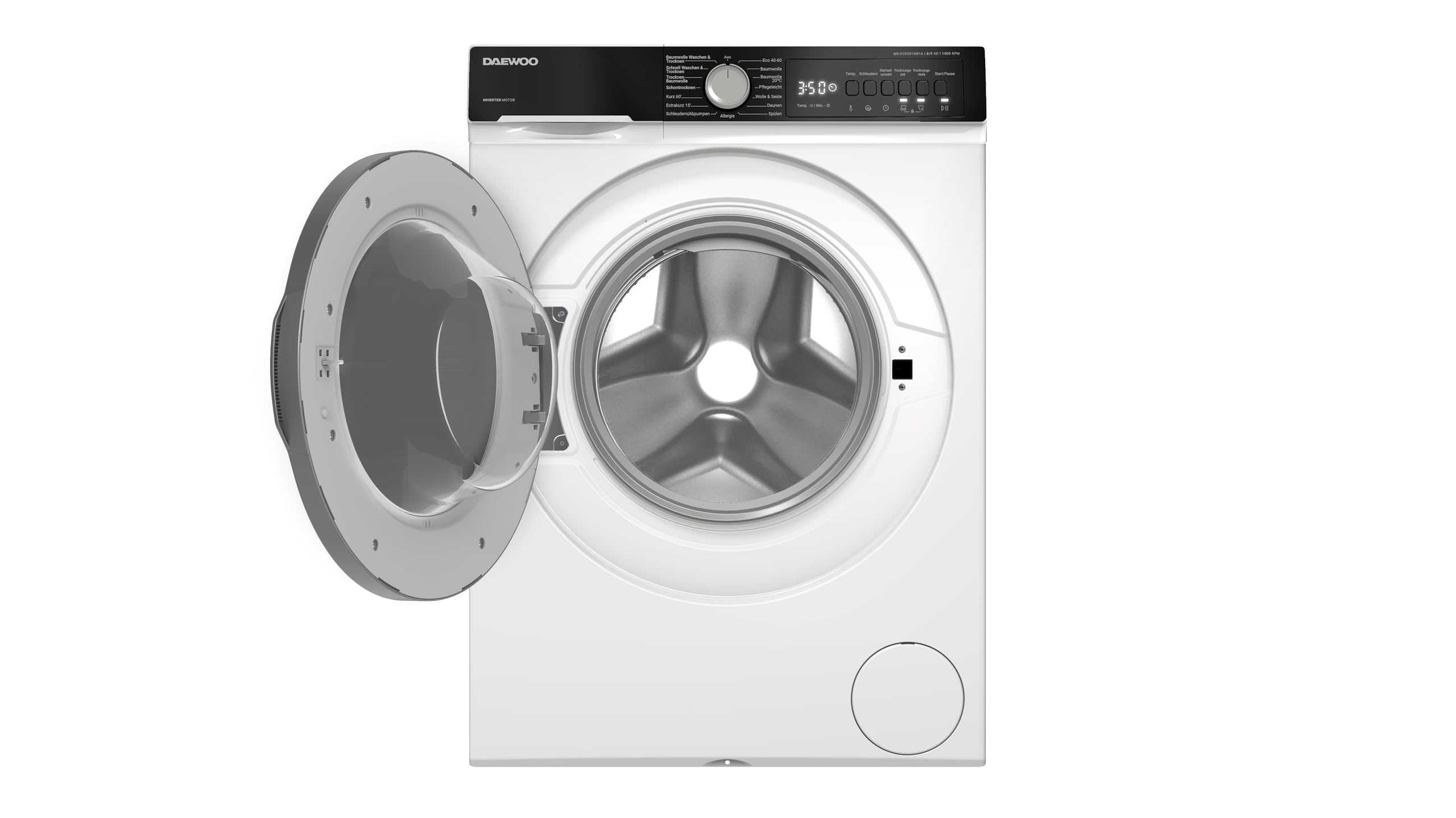 Daewoo WD-FC85514W1A-DE Waschtrockner, 8 kg Waschen, 5 kg Trocknen, 1400 U/min, Energieeffizienzklasse A, Inverter Motor, AquaStop, Weiß