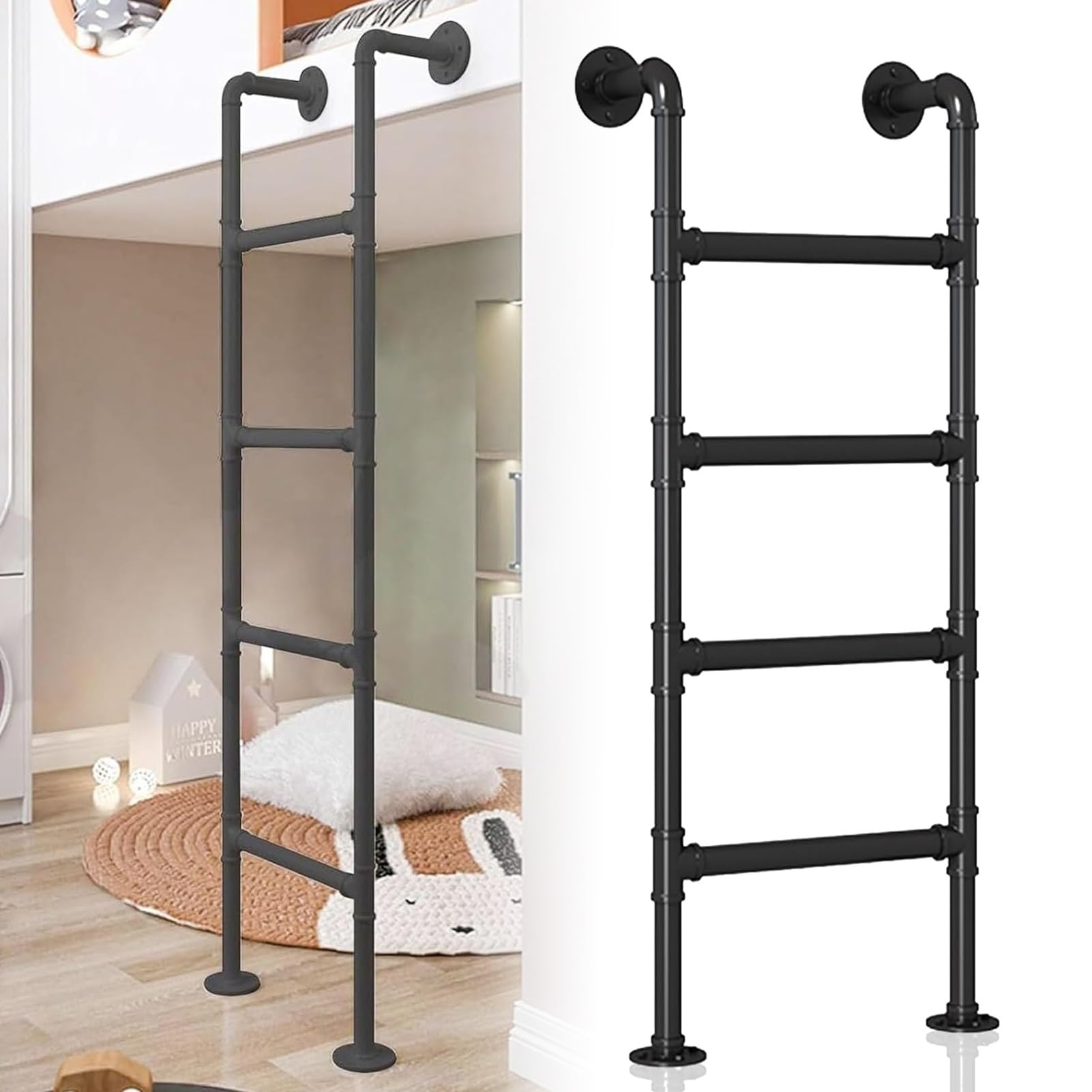 BYFSRUS High Loft Bed Ladders 39"/49"/51"/55"/59"/65" Industrial Iron Pipe Window Shaft Ladder 48 Rungs Emergency Escape Staircase (290cm/114in)
