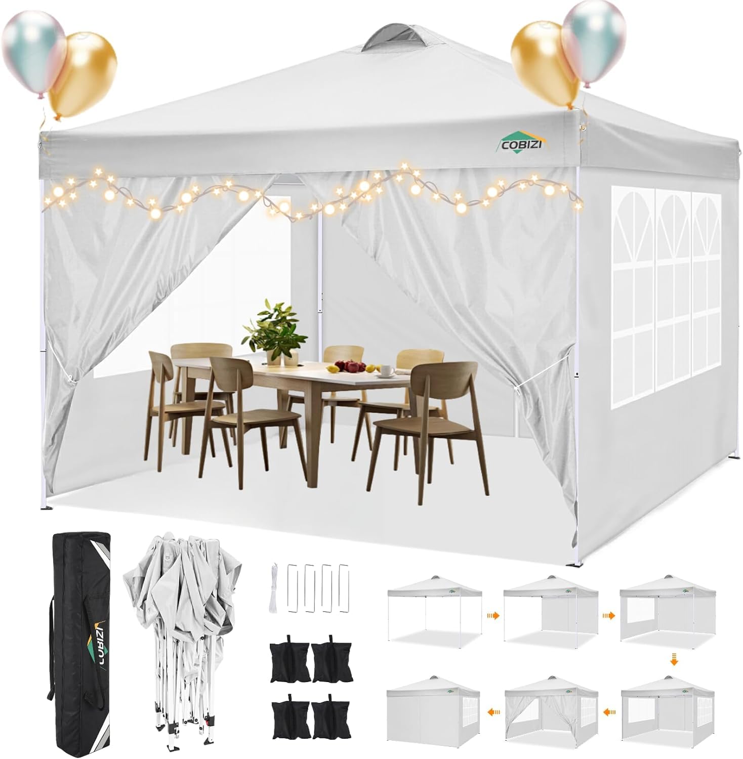COBIZI Pavillon 3x3m Wasserdicht Stabil Winterfest Faltpavillon Partyzelt Gartenpavillon mit 4 Seitenteilen,4 Sandsäckes und Entlüftung,UV Schutz 50+,pop up faltbar für Outdoor Garten(Weiß