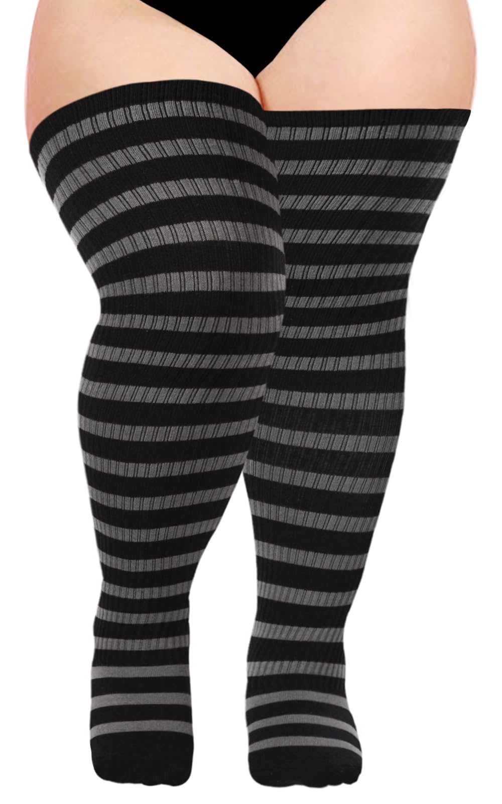 Plus Size Thigh High Socks for Women Knit Cotton Extra Long Striped Over the Knee High Socks Leg Warmers
