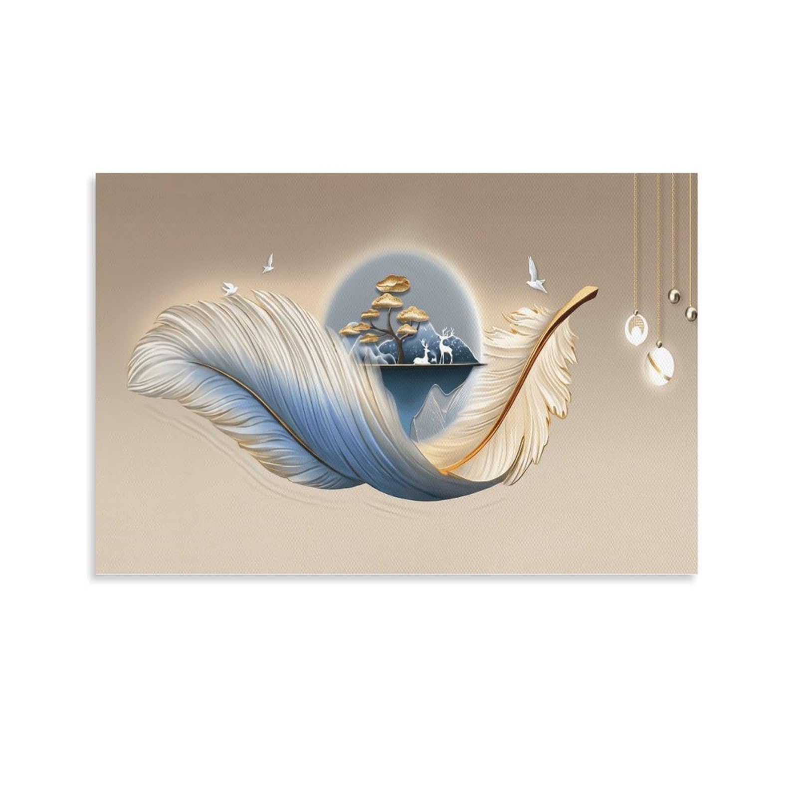 XPASHIQWC Gradient Feather Poster Artwork Deer & Landscape Giclee Canvas Prints Modern Wall Art Picture Wall Hanging for Bathroom Wall Decor 20x30inch(50x75cm)
