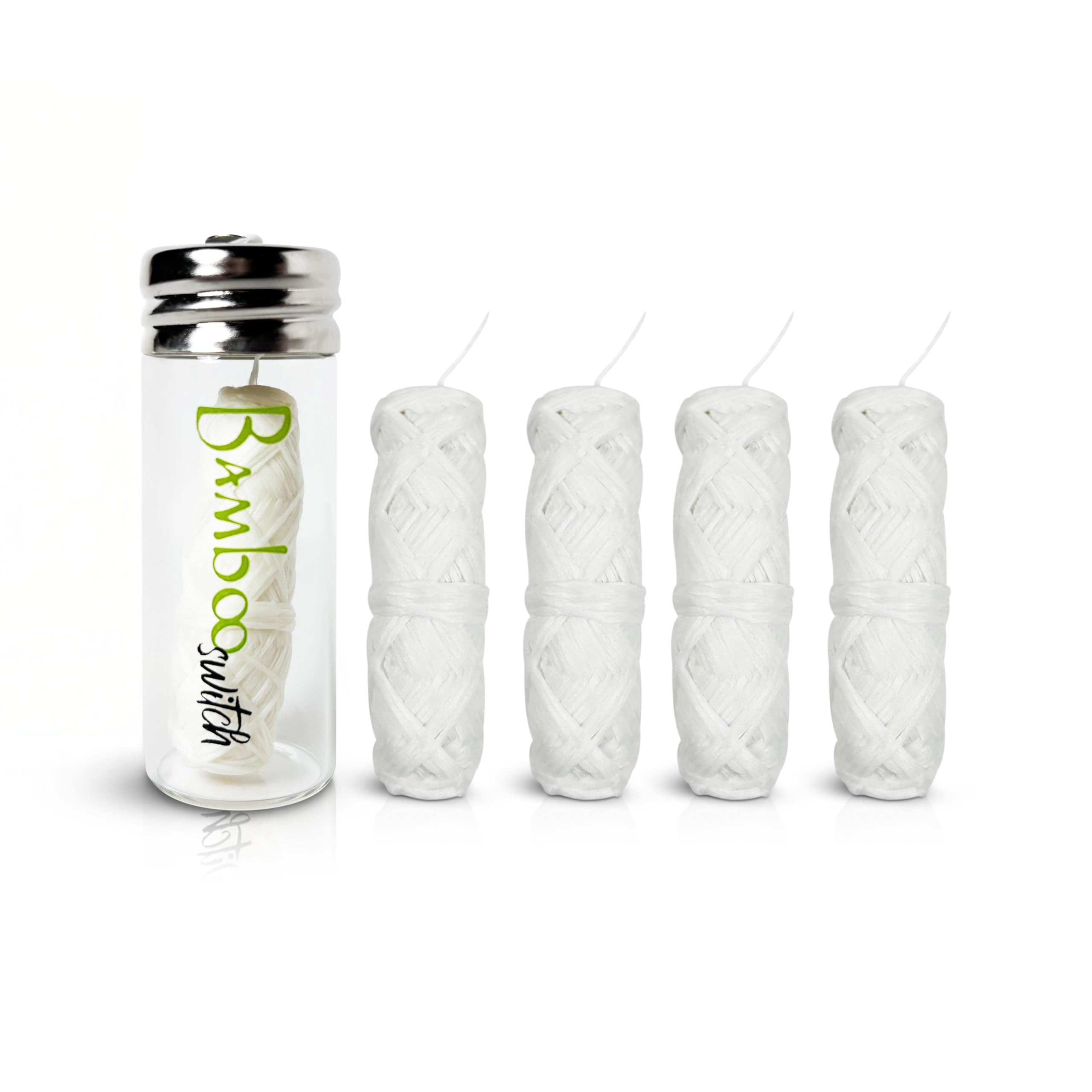 Bamboo White Dental Floss Kit (5 Spools + Glass Jar), Eco-Friendly, Mint Bamboo Fiber, Vegan, Plastic-Free
