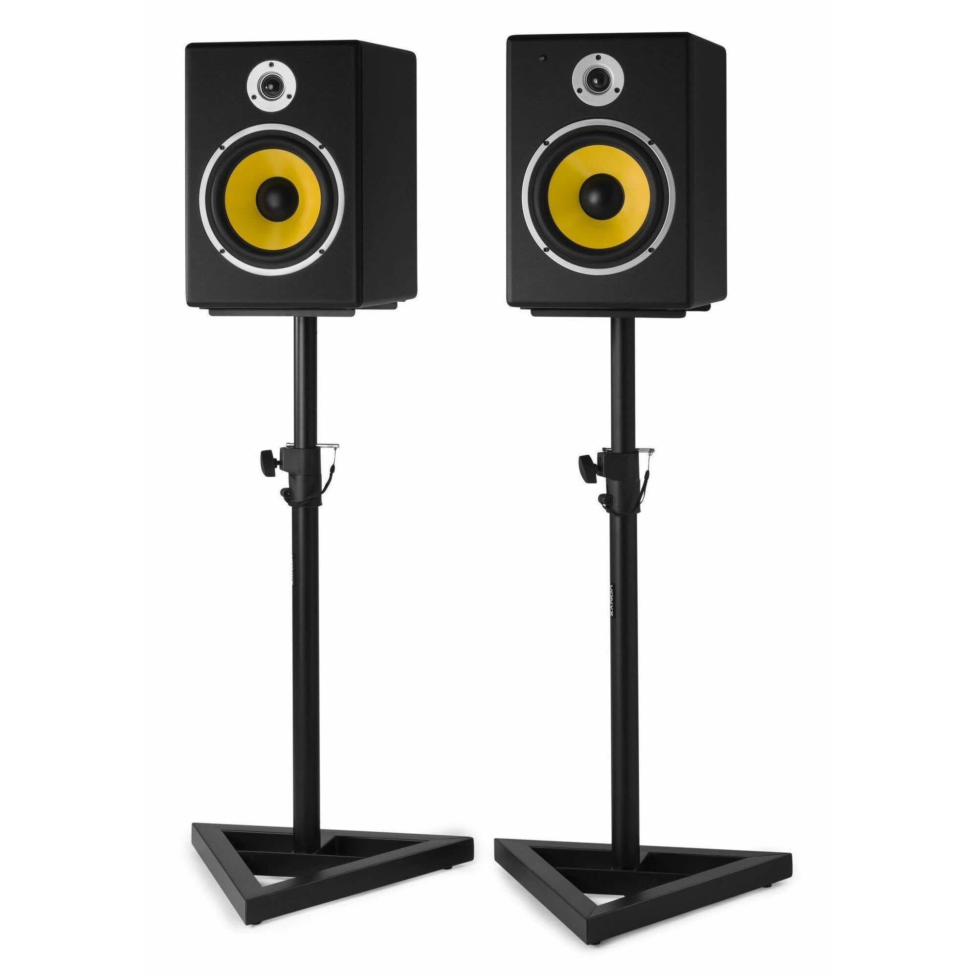 Vonyx Set 2 Soportes de Monitor de Estudio Ajustables 65–115 cm, Base Triangular, Tiras Antideslizantes, Picos o Gomas para Suelo, diseño metálico Resistente y Elegante