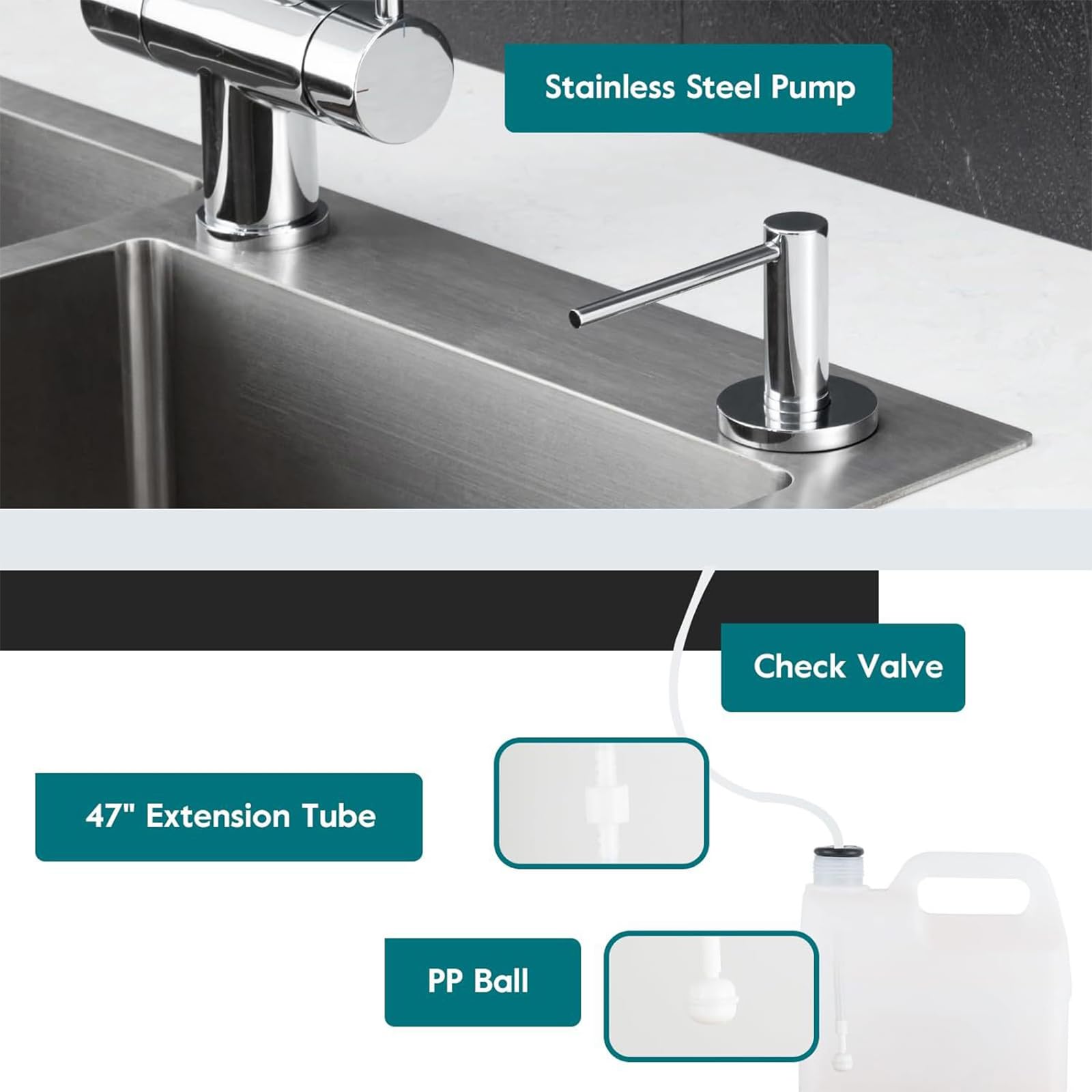 Cromo,Dispensador De Jabón De Encimera para Fregadero De Cocina; Dispensador Empotrable De Acero Inoxidable con Botella De 500 Ml Y Kit De Tubo De Extensión De 57 Pulgadas.