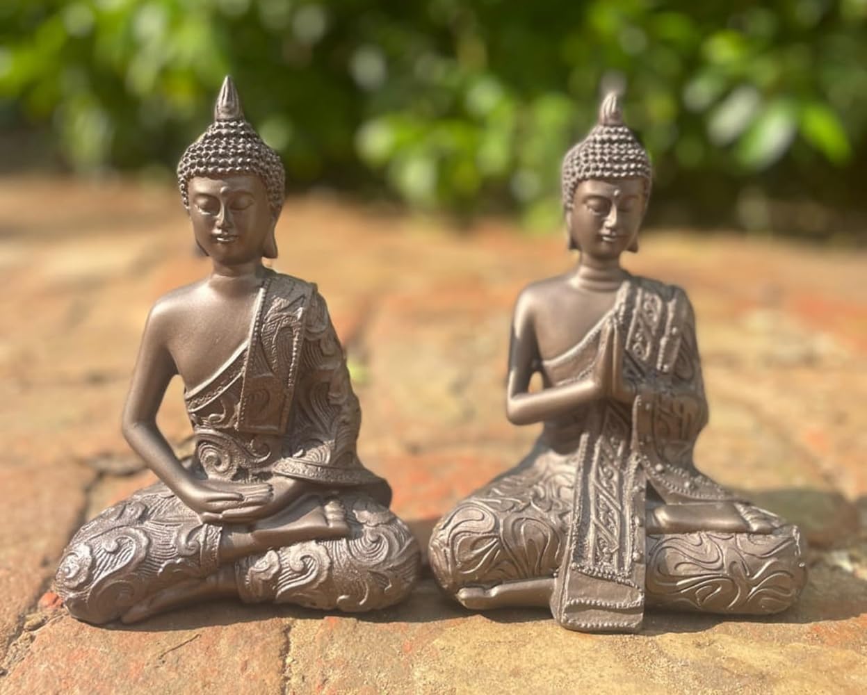 2 Mystic Thai Buddha Ornaments - Set of Two in Both a Lotus and Meditating Pose - A Beautiful Tranquil Pair of 19cm Tall Ornaments in Cold Cast Solid Bronze Colour Resin for Your Home or Garden!