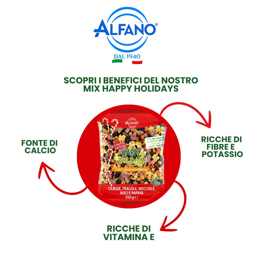 Alfano dal 1940 Misto Happy Holiday 350g Frutta Secca Nocciole, Noci, Ciliegie Disidratate, Fragole Disidratate e Papaya Disidratata (12 Pezzi)