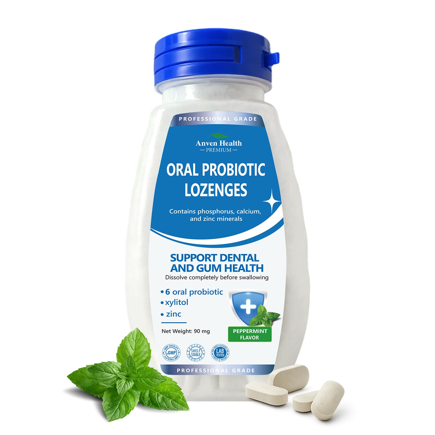 Anven Health Oral Probiotics Lozenges for Mouth Bad Breath & Gum Repair - 6 Strains with Prebiotic, Zinc & Ca for Dry Mouth Relief, Enamel Shield,