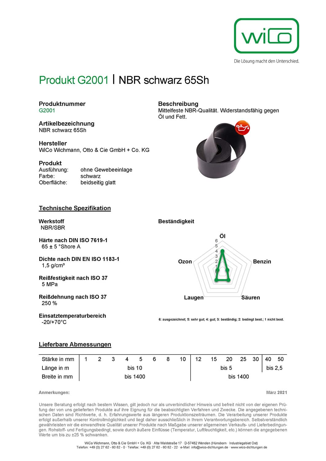 WiCo® NBR schwarz 65Sh Rollen Gummistreifen 8mm x 200mm x 10 m