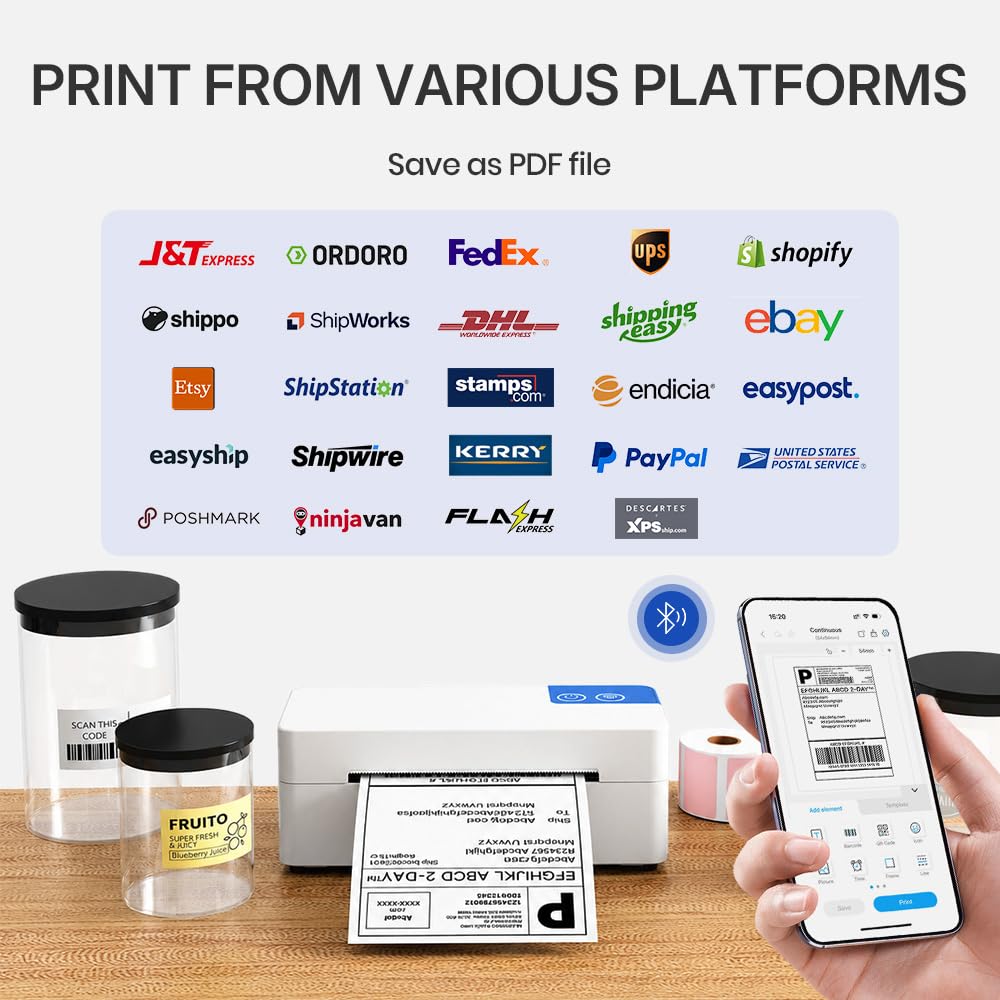 Stampante termica Bluetooth per etichette di spedizione, stampante termica diretta portatile 4x6, compatibile con iPhone, Android, Windows e Mac, ampiamente utilizzata per USPS UPS Amazon