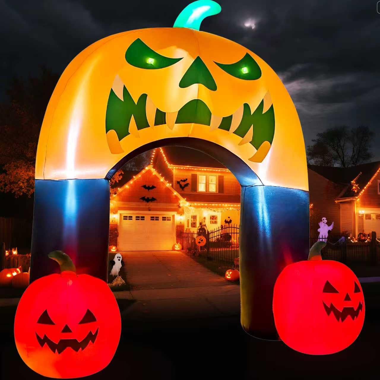 Zucca gonfiabile di Halloween con gatto strega a LED, decorazione animata da cortile per esterni, prato, feste, balcone e patio (arco di zucca da 3 m)