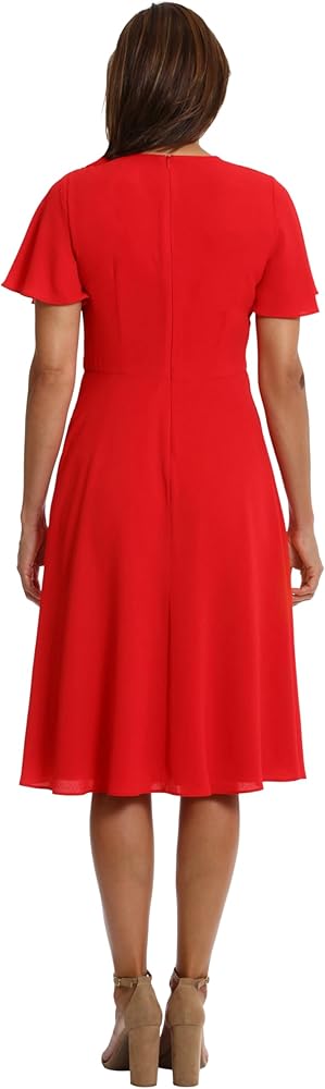 【etoll】Velour rosette flare dress London Times Women's Dresses Rosette Flutter Sleeve Fit and Flare