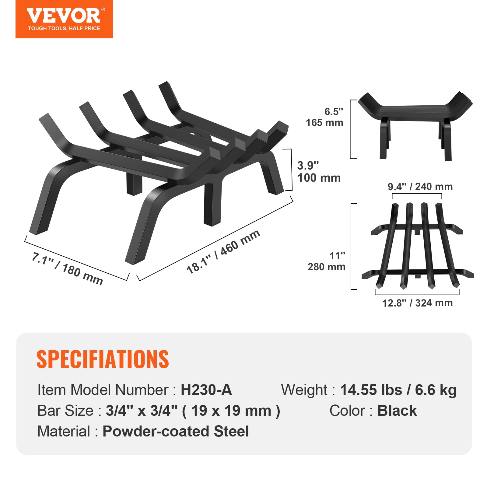 VEVOR Kaminrost, 46x18x10cm Feuerbock für Kamin mit 6 Stützbeinen, 19 mm pulverbeschichtete Stahlstangen, Feuerrost, Kaminholzrost, Ofenrost, Brennholzhalter für Innen- & Außenkamine
