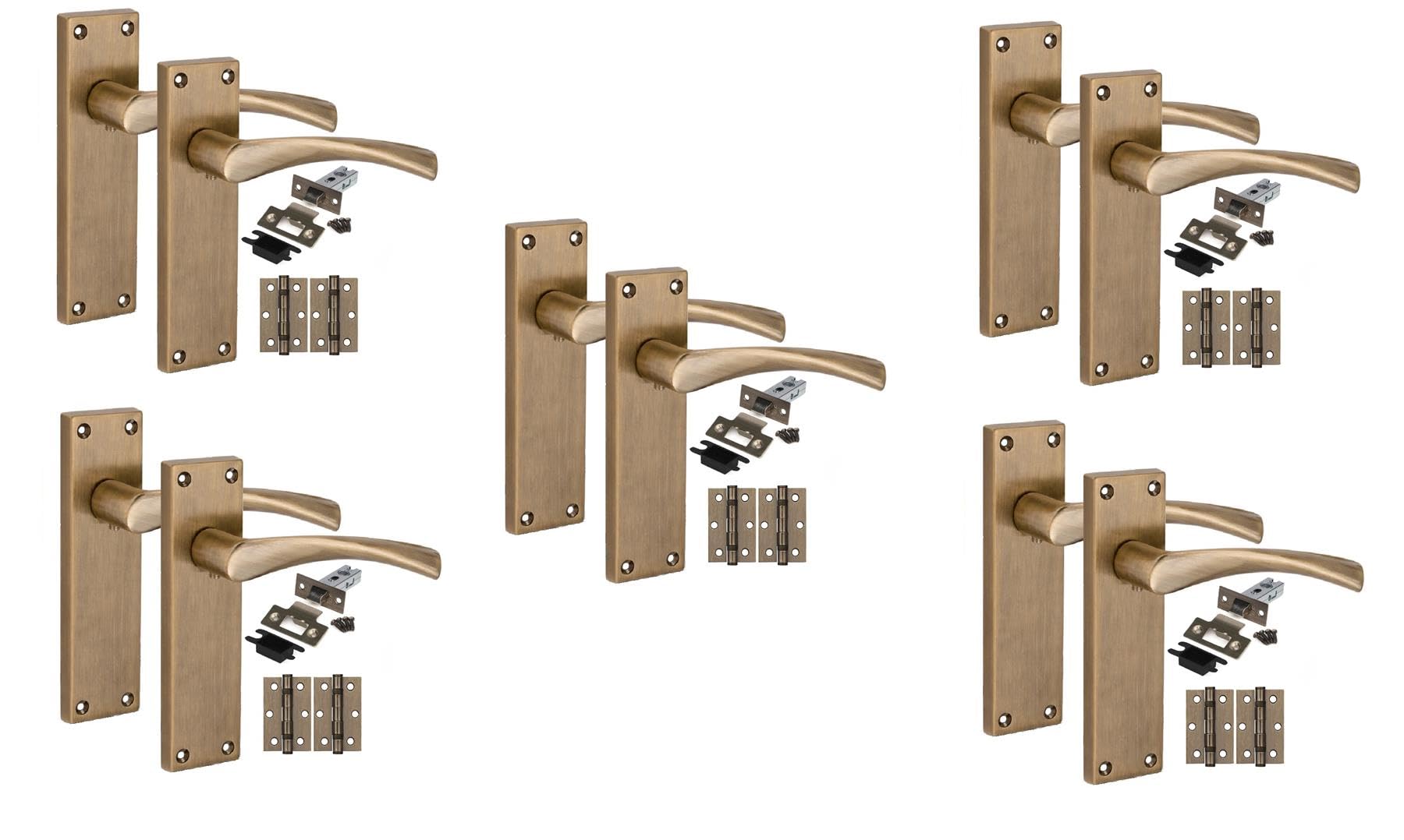 Golden Grace Antique Brass 5 Pair Victorian Astrid Internal Door Handle Sets 150 X 40Mm With 2.5" Latch & Hinges