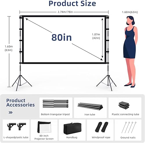 Miniatura 2 de Pantalla de proyector para exteriores, pantalla de proyector Vamvo con soporte, pantalla de proyector plegable portátil de 80 pulgadas, pantalla de