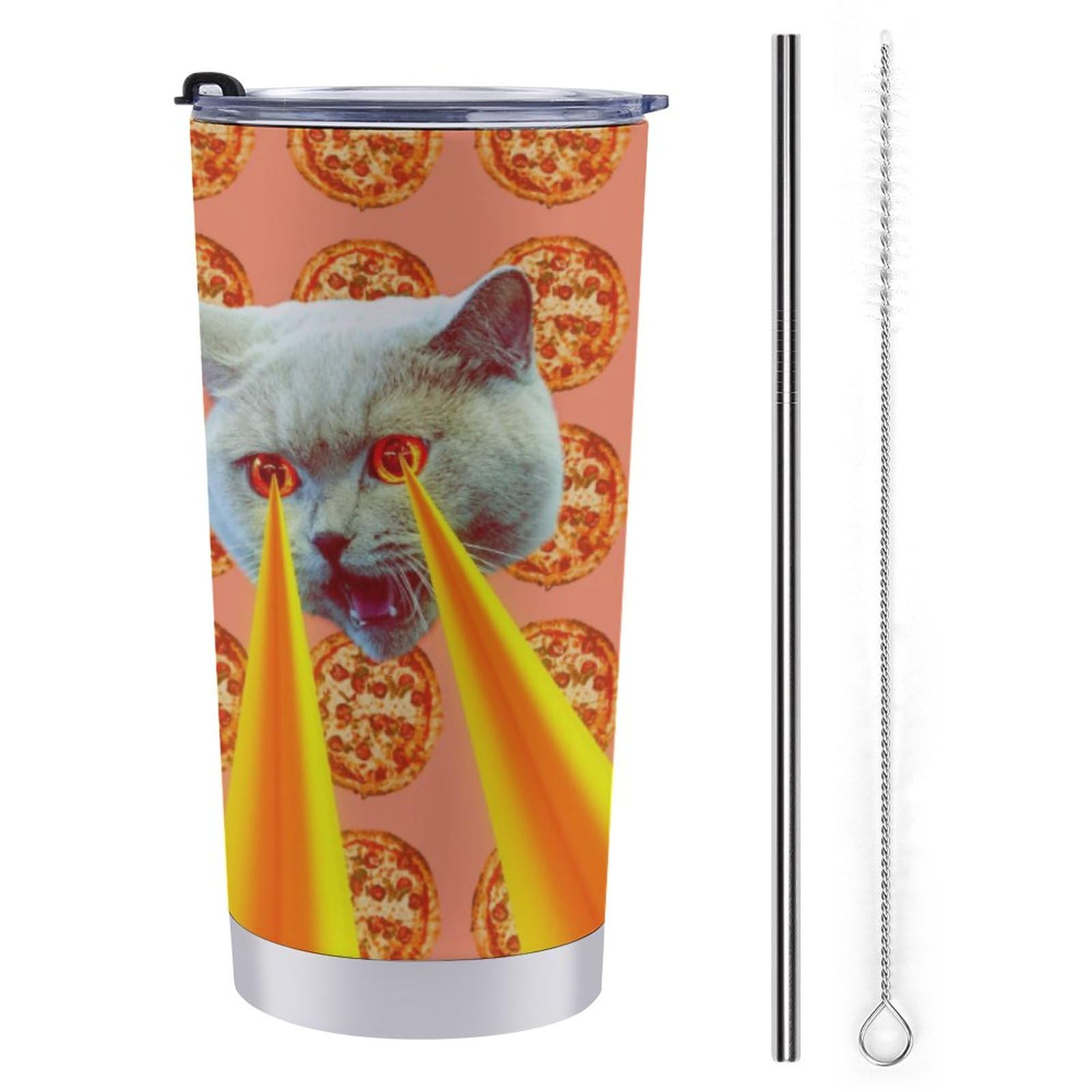 Pizza Addict Cat with Lasers from Eyes Travel Coffee Mug with Lid & Straw Stainless Steel Insulated Tumblers for Car Camping