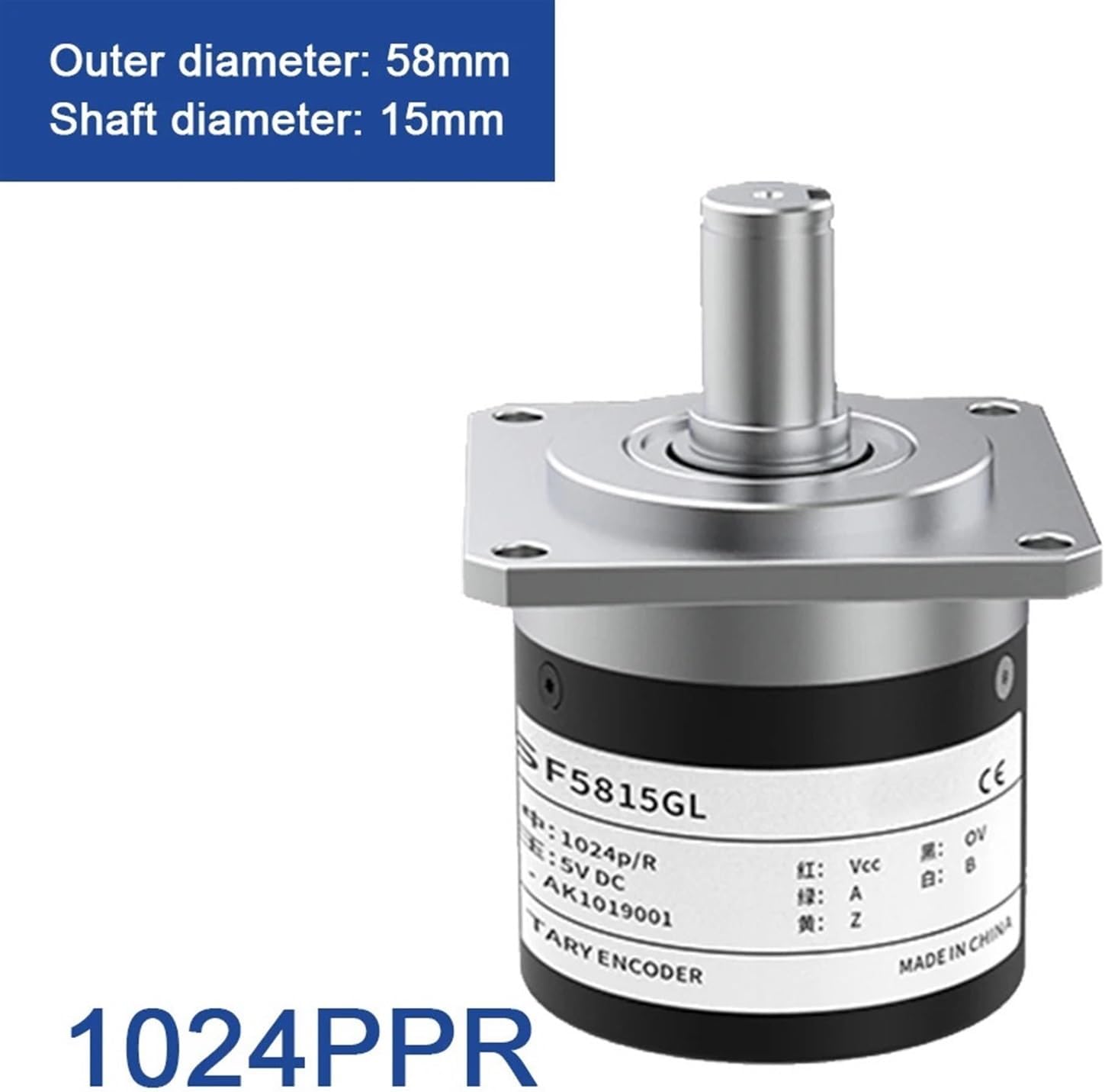 58mm Incremental Rotary Encoder 15mm Flange Shaft Optical Switch AB 2 Phases 10-1024-2048-3600 PPR 5-24VDC(ZSF5815-1024PPR,Drive Output(5V))