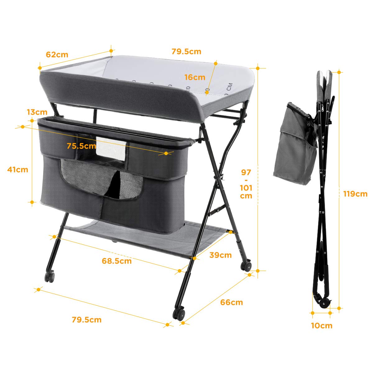 COSTWAY Fasciatoio Pieghevole Portatile, Bagnetto Cambio Pannolini per Bambini Neonati, con Ruote e Vaschetta, Altezza Regolabile 79.5x66x97-101 cm (Grigio)