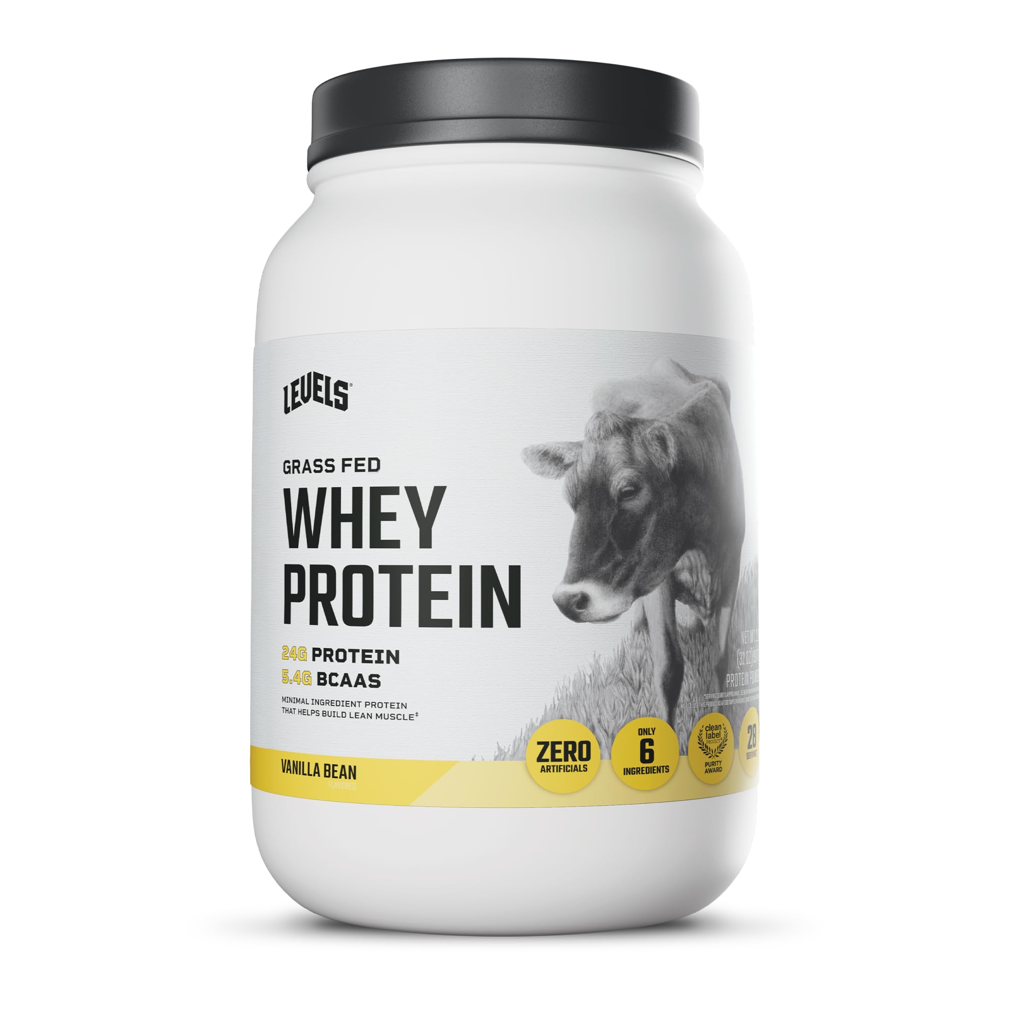 Levels Grass Fed Whey Protein Powder, No Artificials, 24G of Protein, Vanilla Bean, 2LB