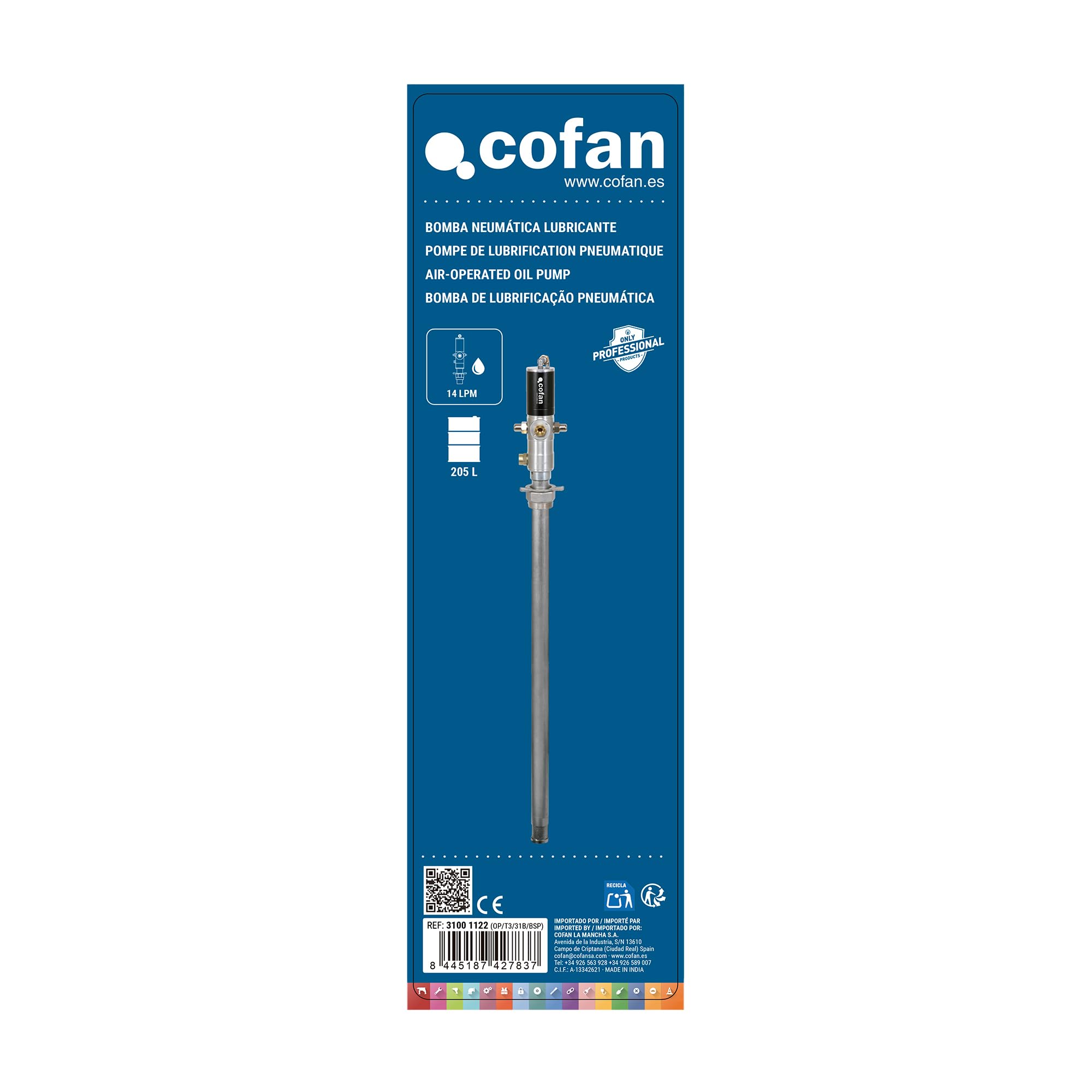 Cofan Bomba neumática lubricante | Adecuada para bidones de 205 litros | Caudal de 14 LPM | Relación 3:1 | Uso Profesional o Industrial