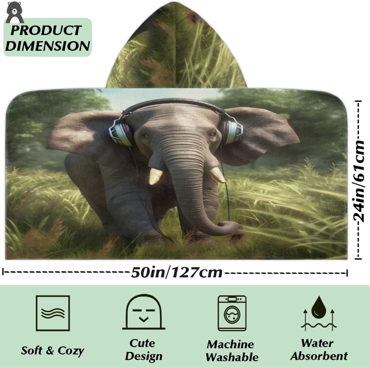 Pardick Kids Bath Towel Elephant with Headset Beach Towel with Hood Pool Cover Up for Girls Boys Soft Absorbent Hooded Bath Towel Toddler Towels for Beach, Pool