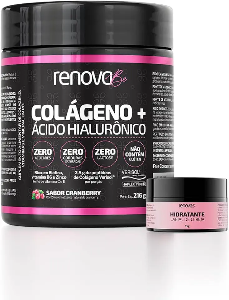 Kit Colágeno Hidrolisado Verisol com Ácido Hialurônico Anti-idade + Hidratante Labial Cereja Renova Be