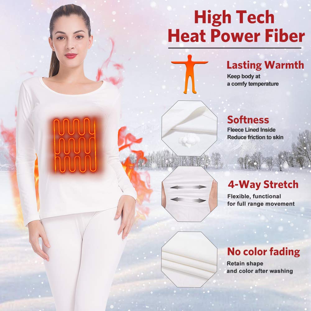 Subuteay Thermal Underwear for Women Long Johns Set Fleece Lined Ultra Soft Scoop Neck White X-Small