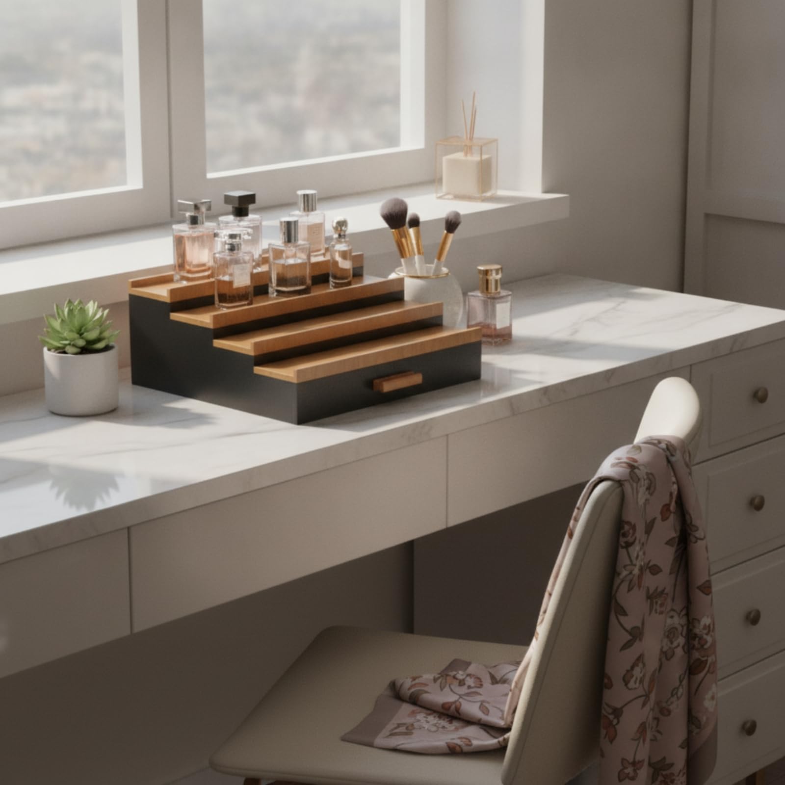 Présentoir en Bois avec Tiroir Robuste Rangement à Parfums avec Compartiment Caché Organisateur Maquillage pour Chambre, 32 29.2 14cm, Quatre Niveaux, Style Un