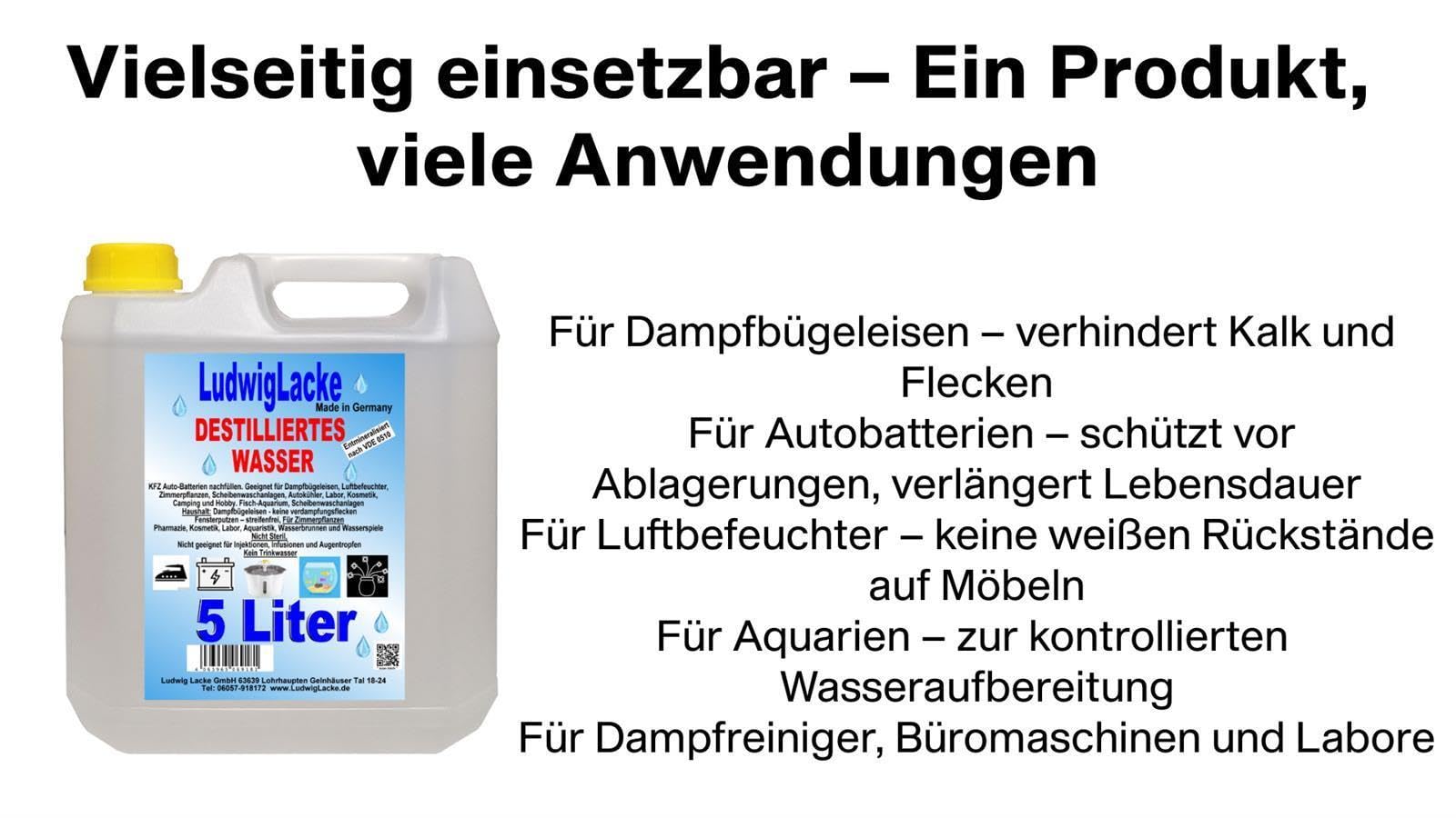 LudwigLacke Destilliertes Wasser, 5 x 5 Liter Kanister, Premium Qualität, Made in Germany