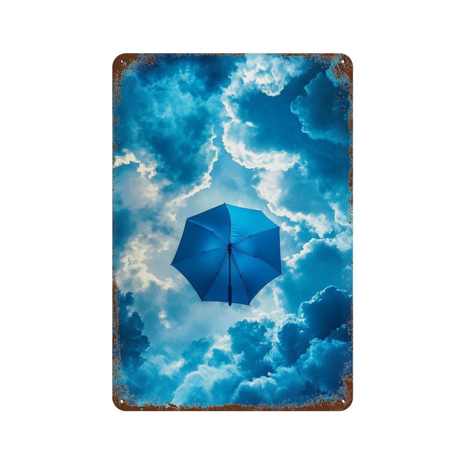 Garage Style Blue Umbrella Sky Distressed Metal Wall Sign 11.8"x7.9", Shabby Chic Decor for Bar And Workshop