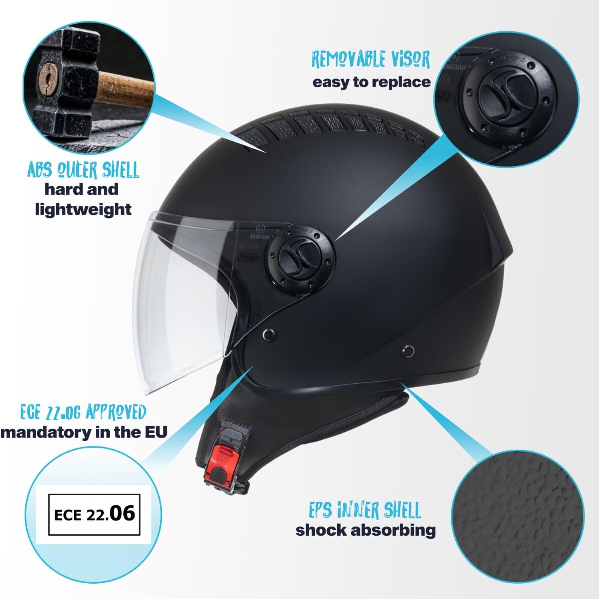 VINZ Como Jethelm mit Visier ECE 22.06 Zertifiziert | Roller Helm Mopedhelm Für Motoroller & Vespa | Herren & Damen | Motorradhelm in XS-XL | Erhältlich in 4 Farben