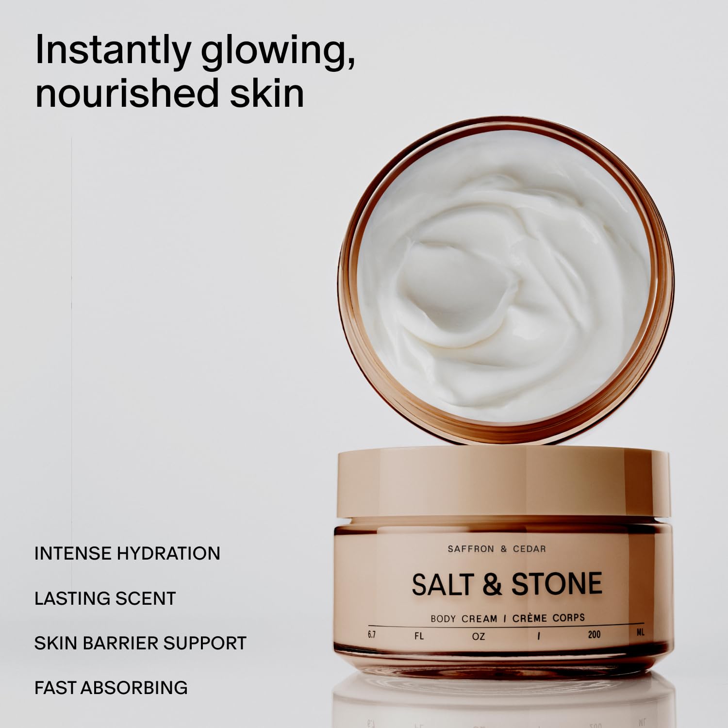 Salt & Stone Körpercreme, feuchtigkeitsspendende Formel mit Algenextrakten, Spirulina und Squalan, tiefe Hydratation, Unterstützung der Hautbarriere und gesunder Glanz, für alle Hauttypen, Safran und
